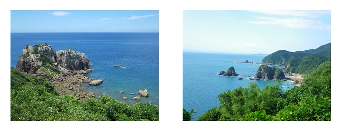 天草西海岸の断崖絶壁、奇岩群の景勝地としてしられる鬼海が浦と十三仏﨑から見える妙見浦（象の形の奇岩）