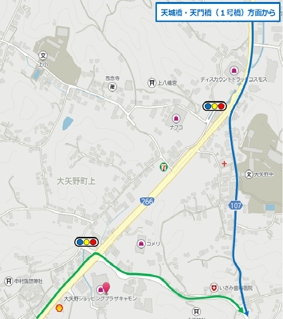 熊本市、宇城市方面からは、国道２６６号線の信号機のある三叉路交差点を左方向の県道１０７号線へ、天草市方面からは国道２６６号線から信号機のある十字路交差点を右折して、上天草高校方面に向かう経路が表示された地図