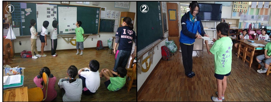 教室でまとめを発表する児童と子どもパークレンジャー認定証授与式の様子