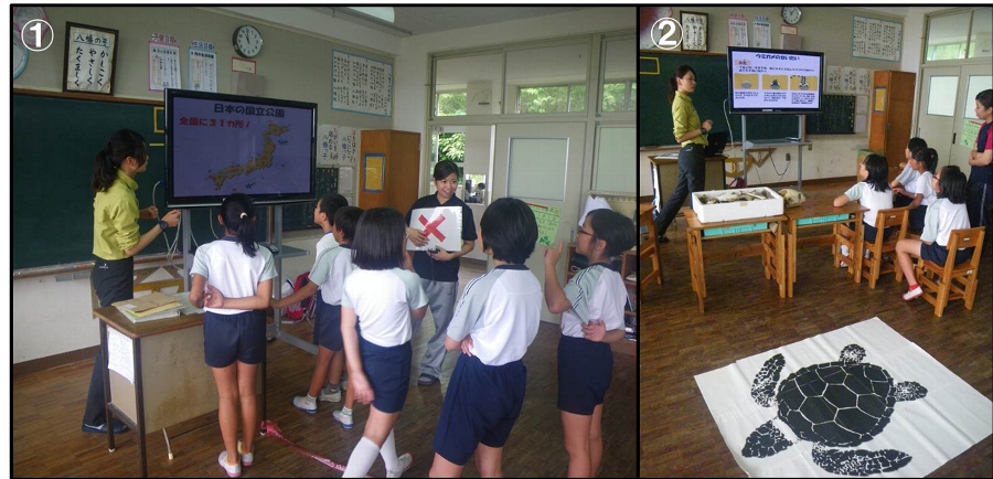 教室でクイズの答えを聞く子ども達とウミガメの授業風景