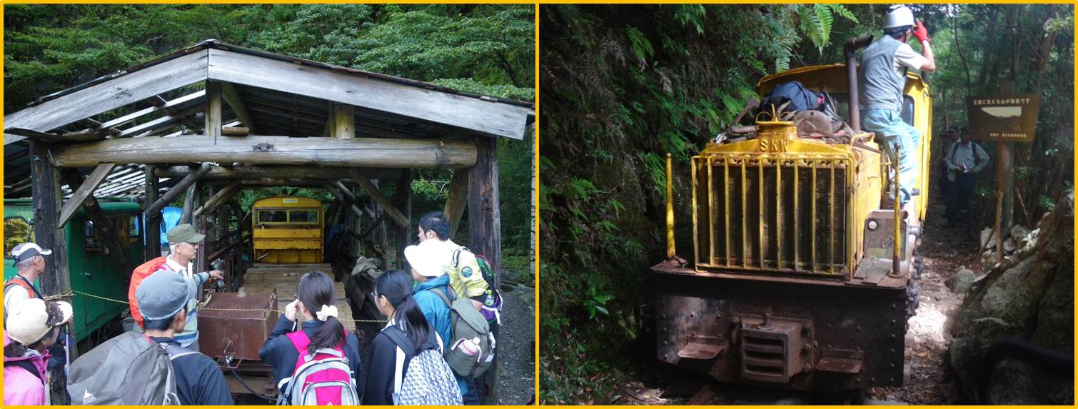 トロッコの解説をする若松さんと、トロッコ道を走るトロッコの写真