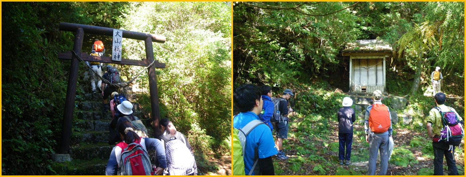 神社の石段を上る参加者のみなさんと、社殿の写真