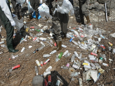 潮の満ち引きで流れ着き、溜まったゴミ（2015年10月撮影）