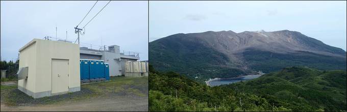 番屋ヶ峰の避難所とそこから見た新岳の様子