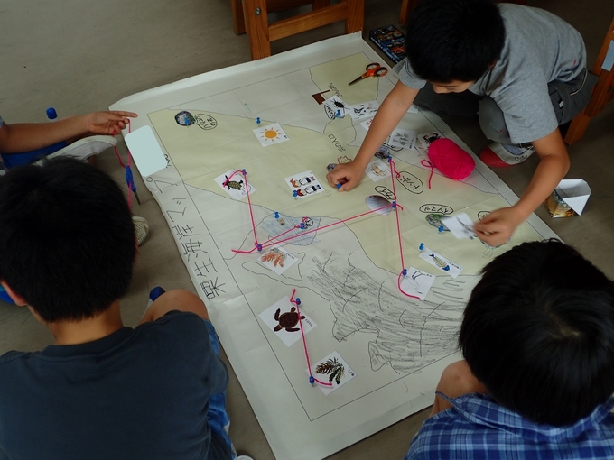 生きものの絵にピンを刺し、糸をつなげる様子