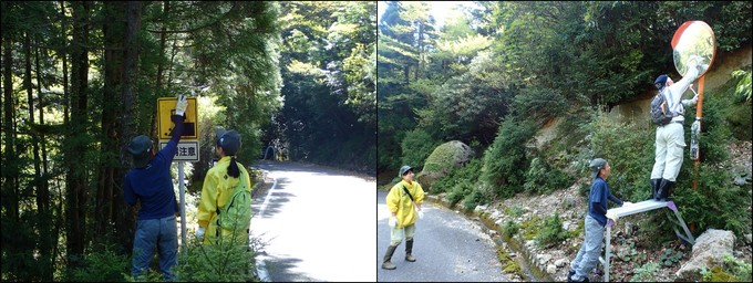 道路沿いの看板やカーブミラーを磨く様子