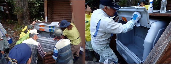 使用済み携帯トイレ回収ボックスを掃除する様子