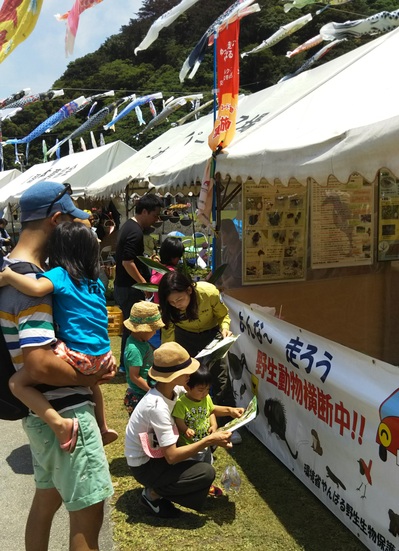 鯉のぼり祭りでの環境省職員によるチラシ配布の様子(2017年5月4日撮影)