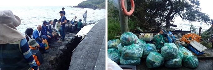 西之湯の清掃を終えた島民と回収した西之湯のゴミ