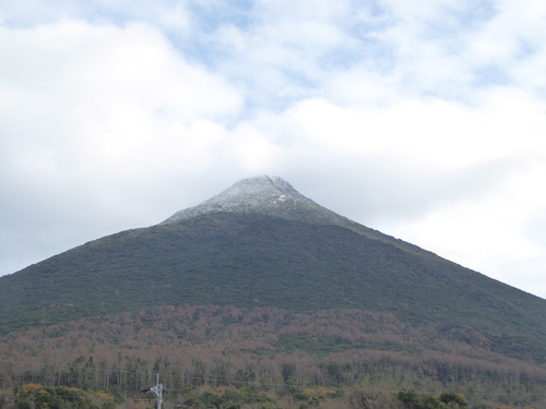 雪化粧の開聞岳。とんがりぼうし形の開聞岳のてっぺんも白くなっていました。
