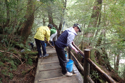 木道と手すりを擦る様子