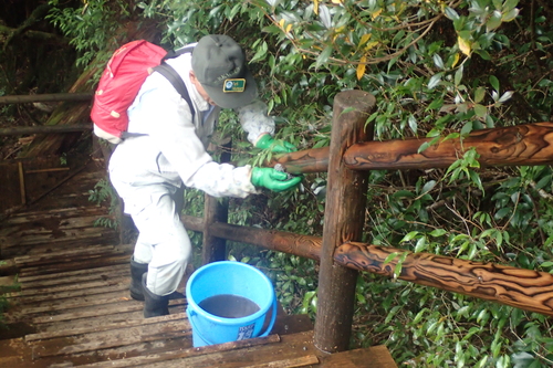 手すりを擦る様子