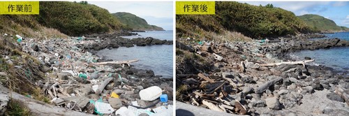 清掃前と後の浜の様子